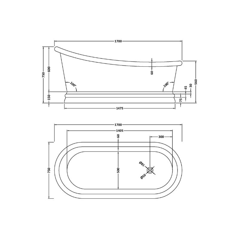 1700mm Slipper Bath - Copper Outer/Nickel Inner - Soak & Luxproduct_vendor#BC-BAC009#