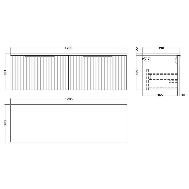 Hudson Reed Fluted Wall Hung 2-Drawer Vanity & Laminate Worktop - 1200mm