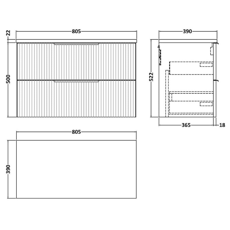 Hudson Reed Fluted 800mm Wall Hung 2-Drawer Vanity & Laminate Worktop