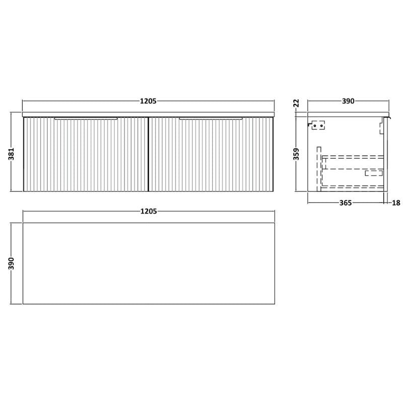 Hudson Reed Fluted 1200mm Wall Hung 2-Drawer Vanity & Laminate Worktop