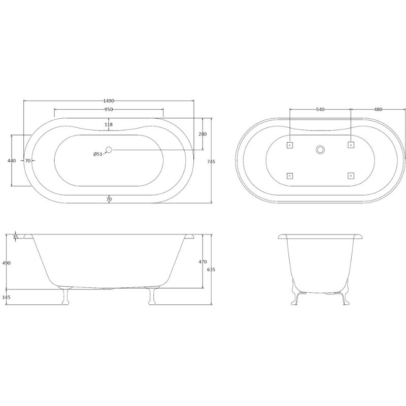 Bc Designs Elmstead | Freestanding Double Ended Slipper Bath with Feet- Set 1