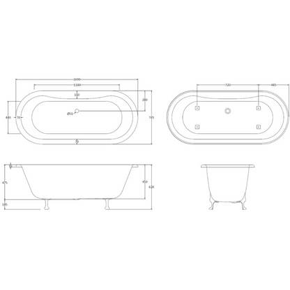 Bc Designs Elmstead | Freestanding Double Ended Slipper Bath with Feet- Set 1