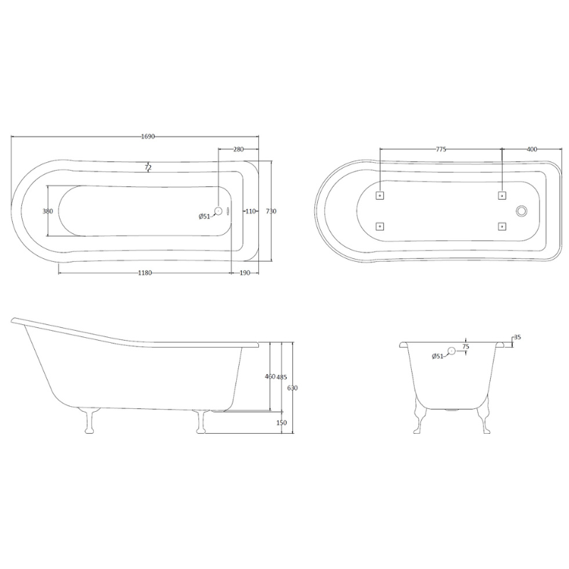 Bc Designs Fordham | Freestanding Acrylic Slipper Bath with Feet - Set 1