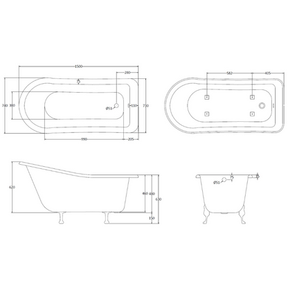 Bc Designs Fordham | Freestanding Acrylic Slipper Bath with Feet - Set 1