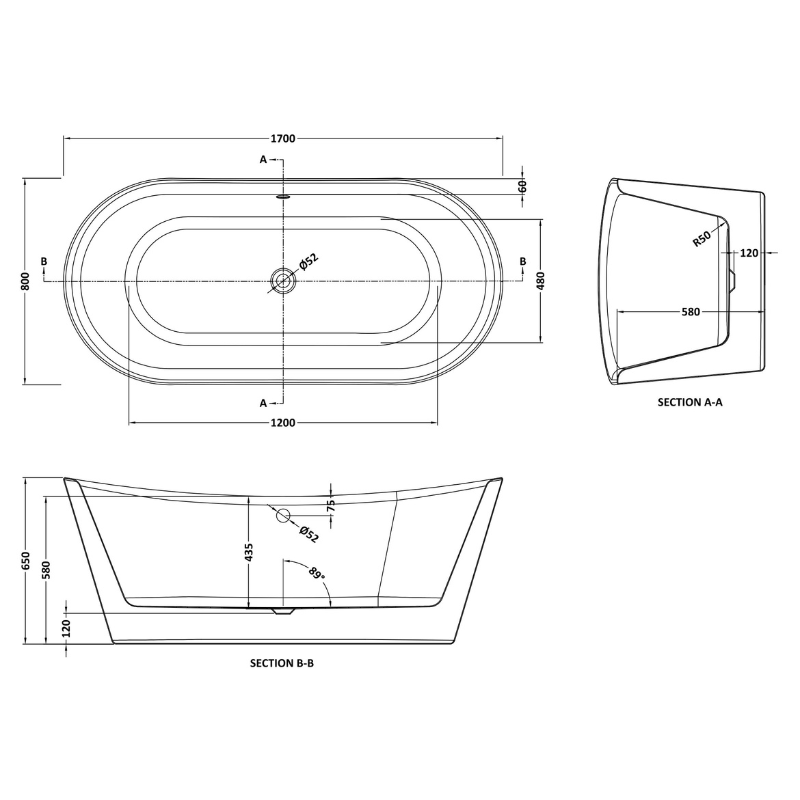 Nuie Freestanding Double Ended Boat Bath Tub - 1550mm