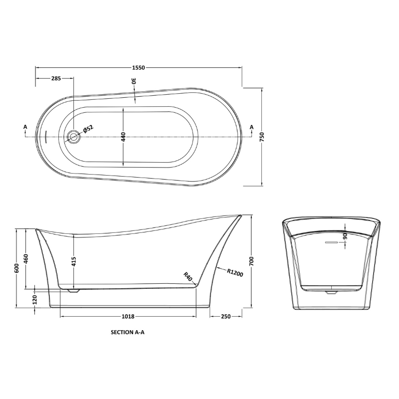 Nuie Freestanding Single Ended Slipper Bath Tub - 1550mm