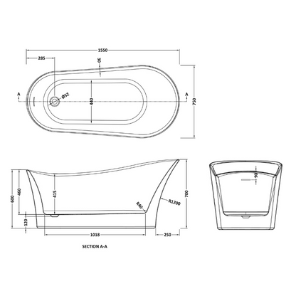 Nuie Freestanding Single Ended Slipper Bath Tub - 1550mm