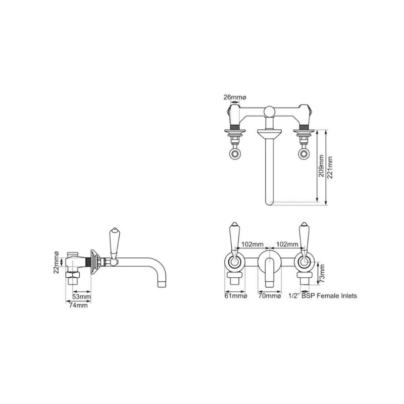 Hurlingham Wall Mounted Basin Mixer Taps Chrome