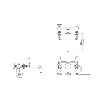 Hurlingham Wall Mounted Basin Mixer Taps Chrome