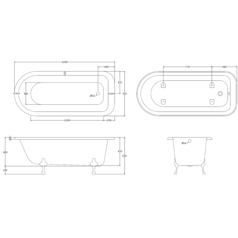 Bc Designs Mistley | Single Ended Roll Top Bathtub With Feet - 1700mm