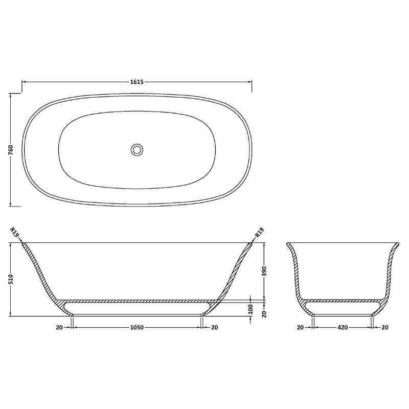 Bc Designs Omnia | Oval Rimmed Freestanding Bath - 1615mm