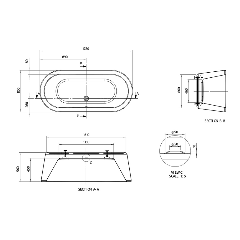 Bc Designs Plazia | Freestanding  Double Ended Oval Bath with Waste - 1780mm