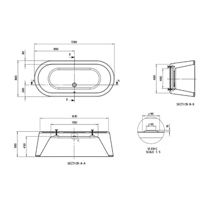 Bc Designs Plazia | Freestanding  Double Ended Oval Bath with Waste - 1780mm