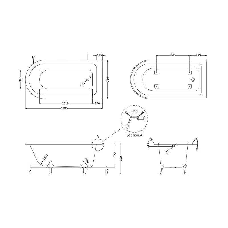 Old London Single Ended Freestanding Shower Bath - 1700mm/1500mm