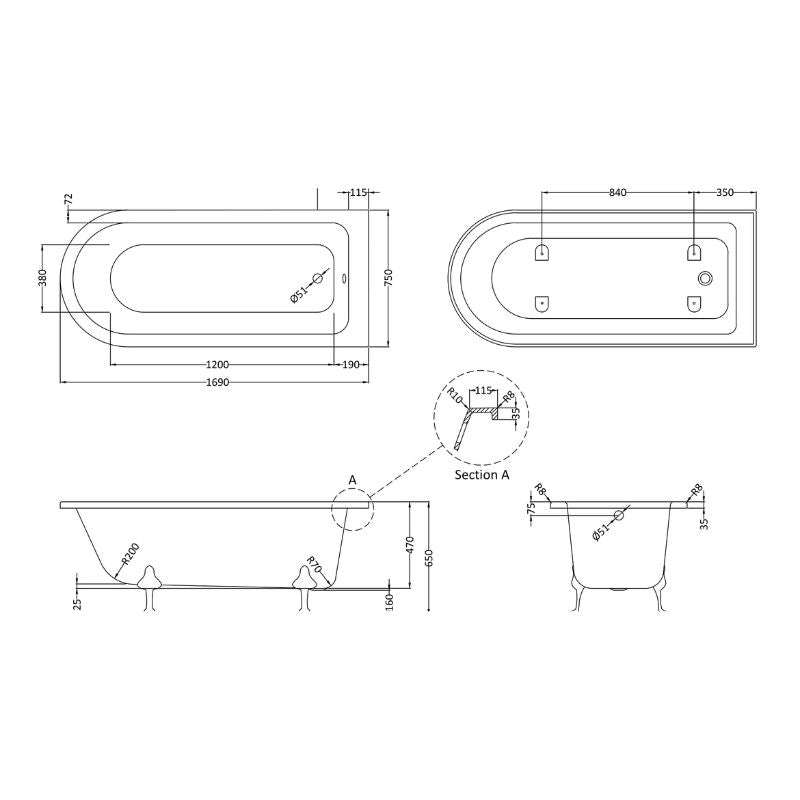 Old London Single Ended Freestanding Shower Bath - 1700mm/1500mm