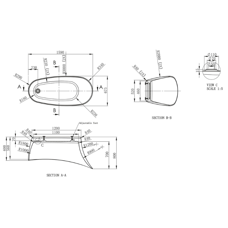 Bc Designs Slipp | Freestanding Slipper Bath with Waste - 1590mm