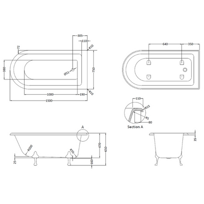 Bc Designs Tye Single Ended Shower Bath with Feet Set