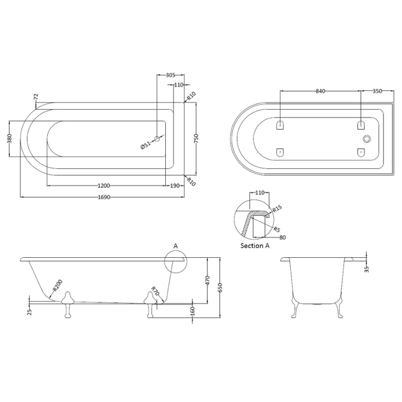 Bc Designs Tye Single Ended Shower Bath with Feet Set