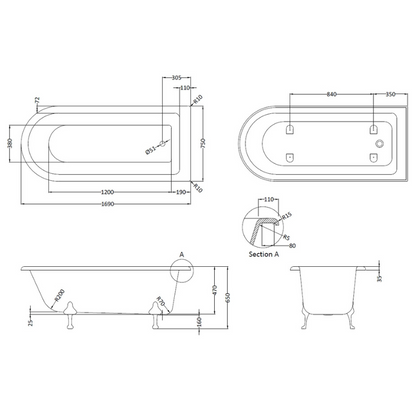 Bc Designs Tye Single Ended Shower Bath with Feet Set