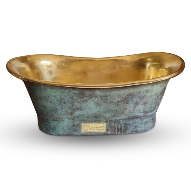 Straight Base Brass Bathtub Patina Exterior & Polished Brass Interior Finish