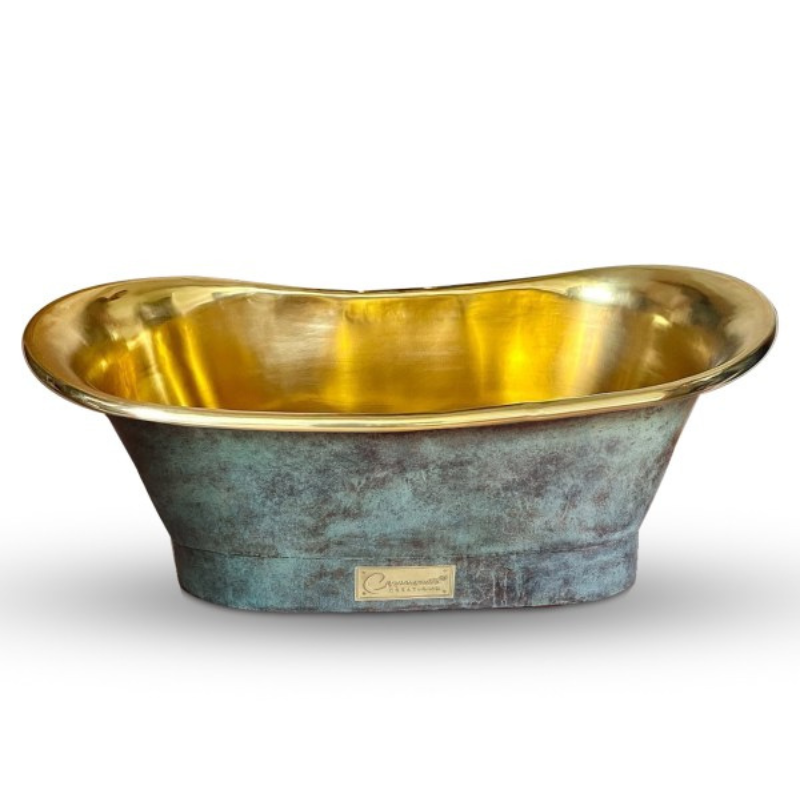 Straight Base Brass Bathtub Patina Exterior & Polished Brass Interior Finish