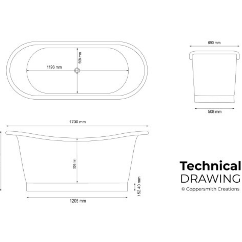 Straight Base Copper Bathtub Black Outside