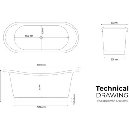 Straight Base Copper Bathtub Black Outside