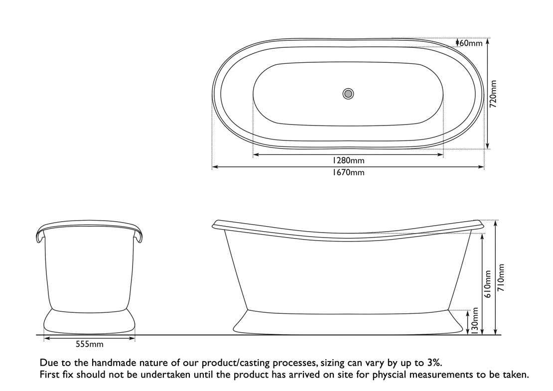 Hurlingham Copper Bateau Painted | Freestanding Roll Top Plinth Bath - 1670mm