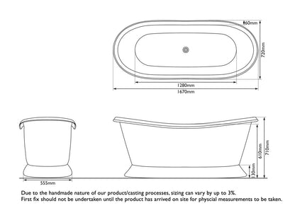 Hurlingham Copper Bateau Painted | Freestanding Roll Top Plinth Bath - 1670mm