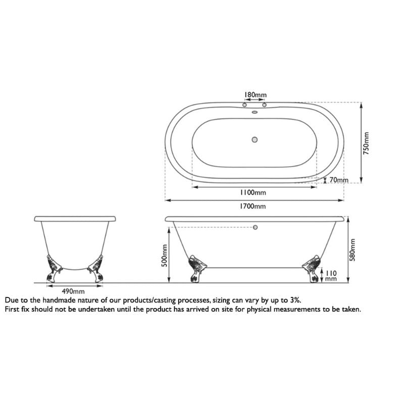 Hurlingham Dryden | Freestanding Cast Iron Bath Bath With Feet - 1700mm