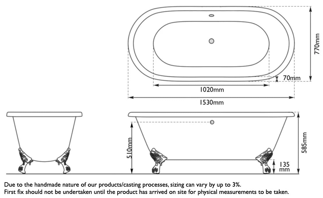 Hurlingham Dryden Small | Freestanding Cast Iron Bath Bath With Feet - 1530mm