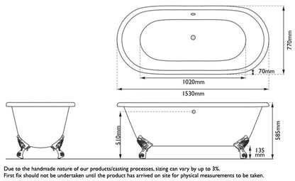 Hurlingham Dryden Small | Freestanding Cast Iron Bath Bath With Feet - 1530mm