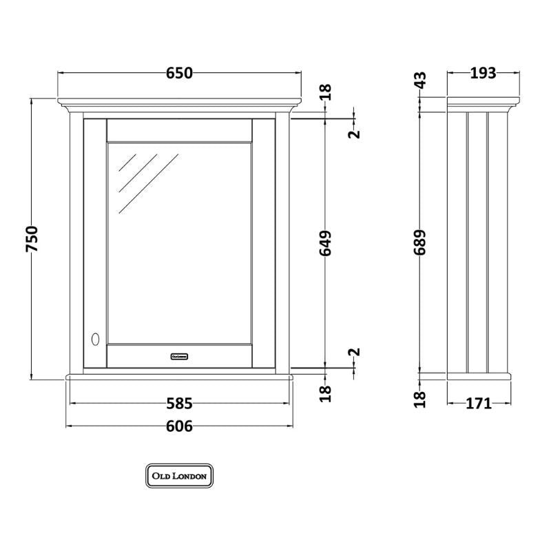 Old London Wall Hung 1 Door Mirror Cabinet 600mm