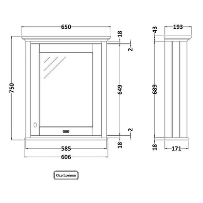 Old London Wall Hung 1 Door Mirror Cabinet 600mm
