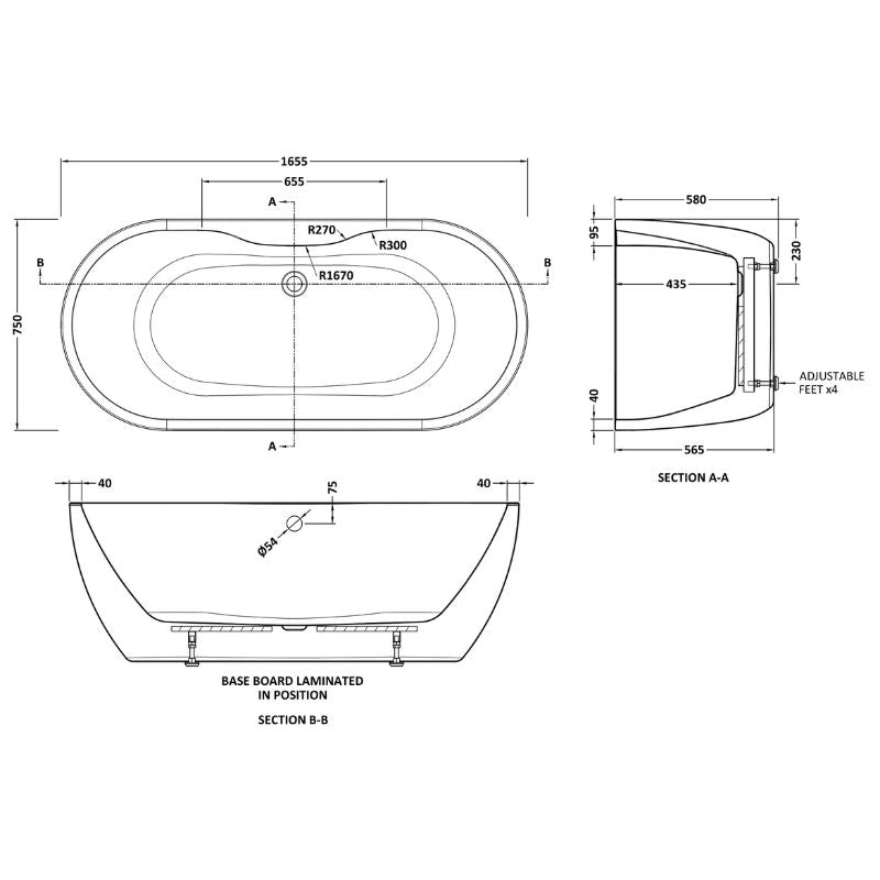 Nuie Freestanding Double Ended Boat Bath Tub - 1655mm