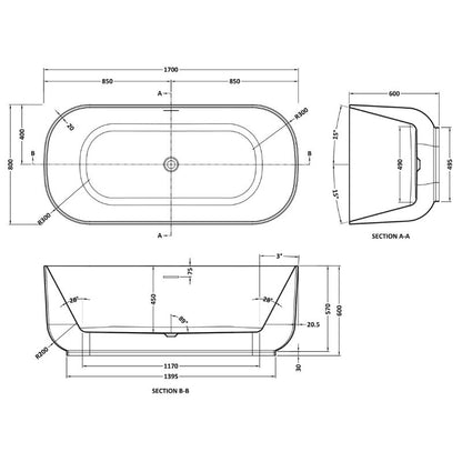 Nuie Soft Square Double Ended Freestanding Bath Tub - 1700mm