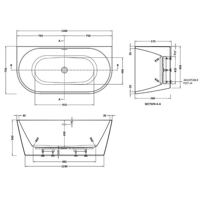 Nuie Curved Back to Wall | Freestanding Double Ended Bath Tub - 1500mm/1700mm