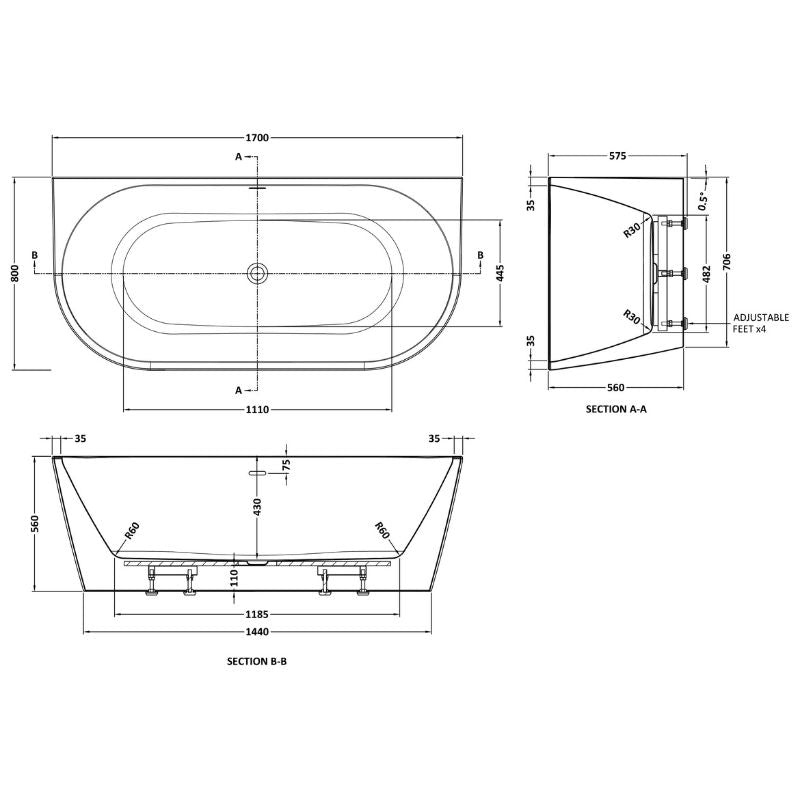 Nuie Curved Back to Wall | Freestanding Double Ended Bath Tub - 1500mm/1700mm