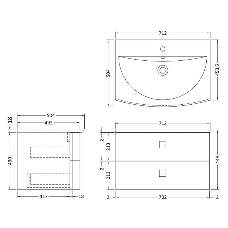 Nuie Solar 800mm Wall Hung 2-Drawer Unit and Polymarble 1 Tap Hole Basin