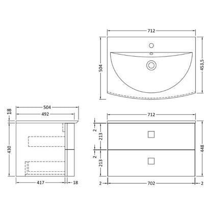 Nuie Solar 800mm Wall Hung 2-Drawer Unit and Polymarble 1 Tap Hole Basin