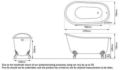 Hurlingham Shelley Small | Freestanding  Cast Iron Clawfoot Slipper Bath - 1370mm