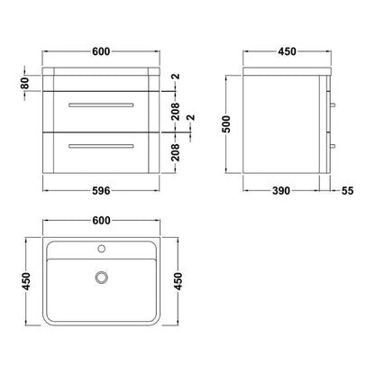 Nuie Solar 600mm Wall Hung 2-Drawer Unit and Polymarble 1 Tap Hole Basin