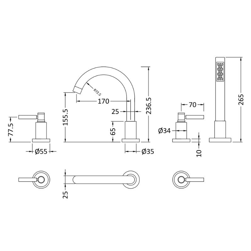 Hudson Reed Tec Lever 4 Tap Hole Bath Mixer